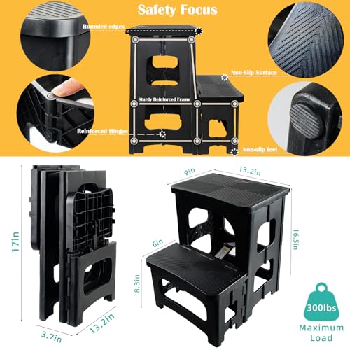 2-Step Folding Step Stool Ladder, Portable Non-Slip Stool for Home and Kitchen