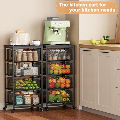 4-Tier Rolling Kitchen Storage Cart with Wooden Top & Wire Baskets