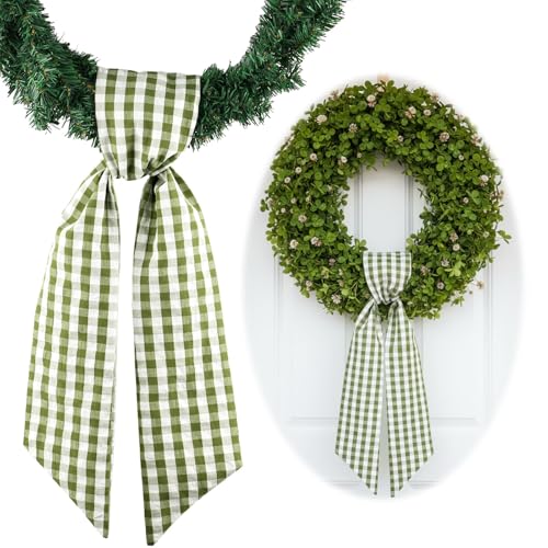 Green & White Plaid Wreath Sash for Front Door - Spring Farmhouse Decor
