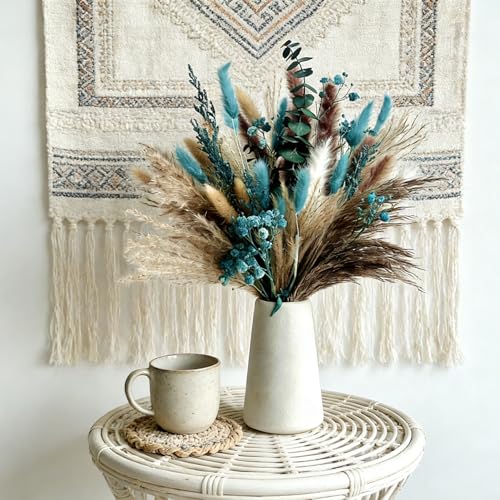 17-Inch Turquoise Dried Pampas Grass Bouquet - 60-Stem Boho Vase Filler