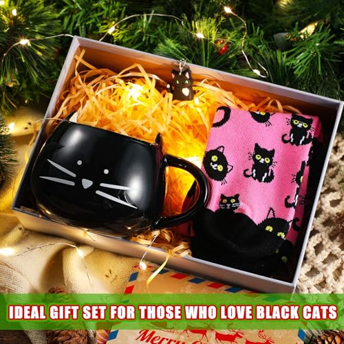 Newtay 3pcs Black Cute Cat Gift Set with Mug, Keychain & Socks for Women - Cat Lover's Collection