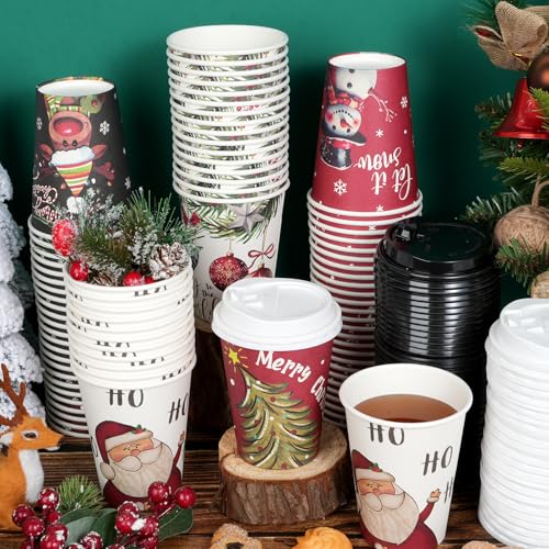 Hallswl 200Pcs 12 oz Christmas Paper Cups with Lids - Santa Snowman Holly Design (40 per pattern)