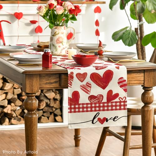 Artoid Mode Red Buffalo Plaid Love Heart Table Runner 13x120 Inch for Dining & Parties