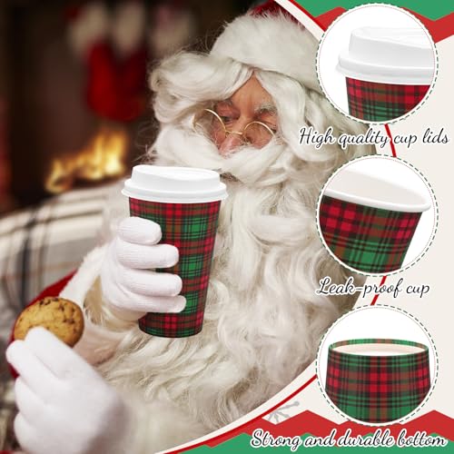 JarThenaAMCS 16 oz Christmas Buffalo Plaid Disposable Coffee Cups with Lids, 48 Pcs