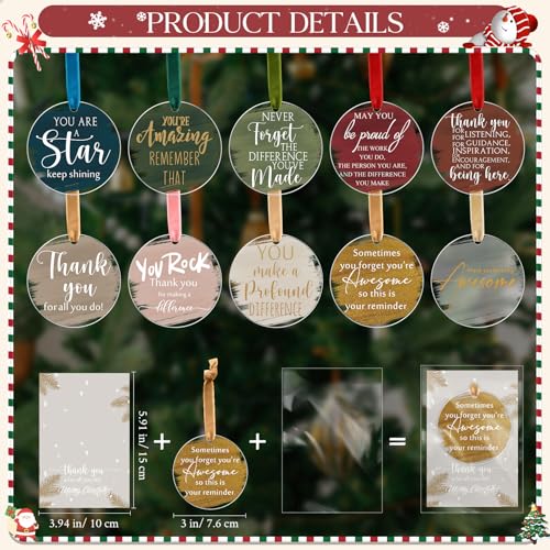 Kasyat 50 Sets Christmas Acrylic Ornaments with Gratitude Cards – Employee Appreciation Gift, 10 Colors