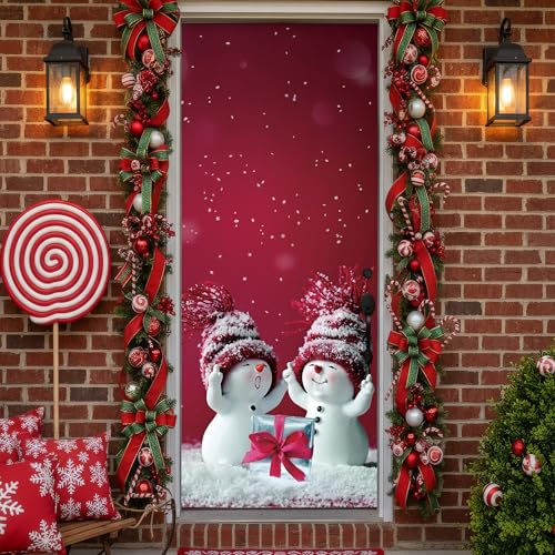 Mt5968 32x80 Christmas Door Sticker Snowman Scene Red Ornaments Waterproof Peel & Stick