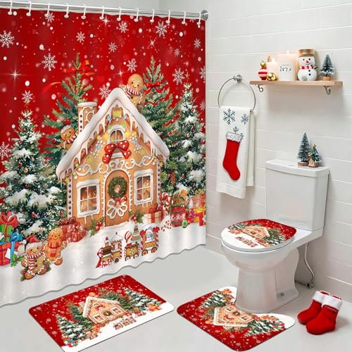 Christmas Gingerbread House Shower Curtain Set with Non-Slip Rugs - Bathroom Decor