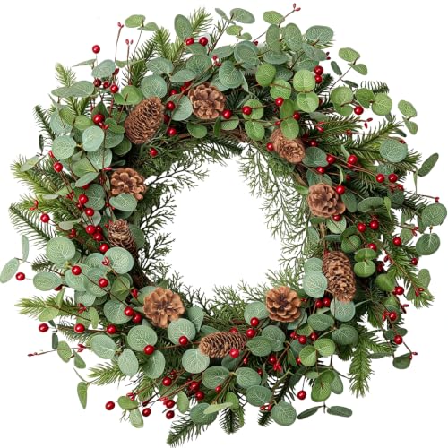 24-Inch Christmas Wreath with Red Berries, Pine Cones & Eucalyptus for Front Door & Holiday Decor