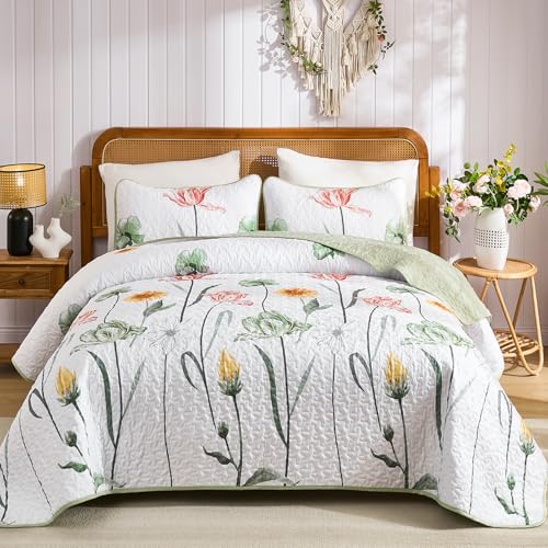 Sage Green Floral Quilt Set - Full Size 3-Piece Bedspread Coverlet Set