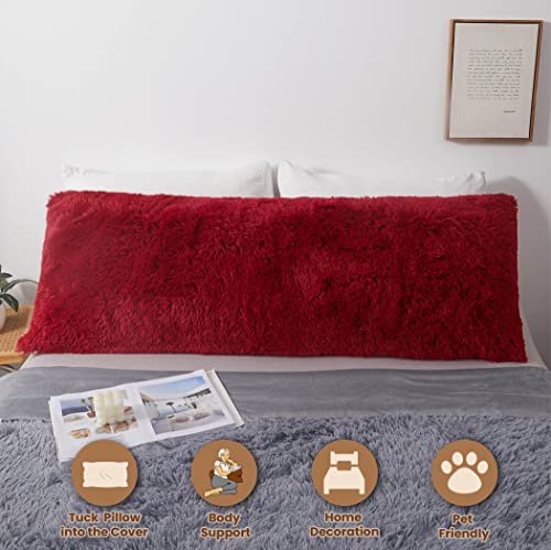 Luxury Fluffy Faux Fur Body Pillow Cover 20x54 - Red Plush Case