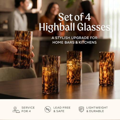 Joseph Sedgh Collection Tortoise Shell Highball Glass Set of 4 14.5 oz | Borosilicate Cocktail & Water Glasses