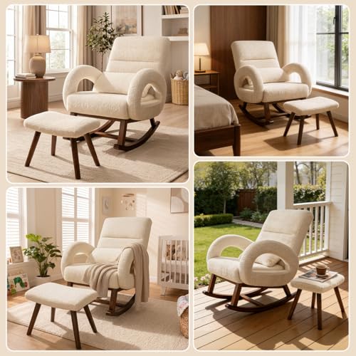 COMHOMA Beige Boucle Nursery Rocking Chair with Ottoman & Lumbar Pillow