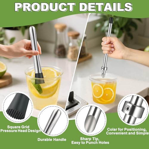 Meiye 4-Piece Stainless Steel Lemonade Stand Tool Set - Straw Puncher, Muddler & Spoon
