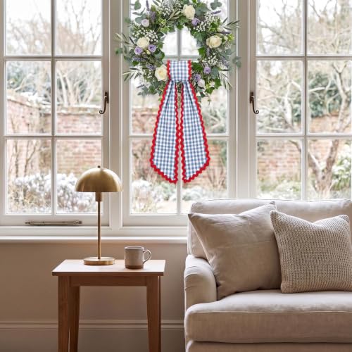 Blue White Buffalo Plaid Wreath Sash Satin Door Garland Ribbon
