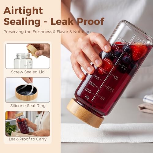 16 oz Square Glass Juice Bottles with Airtight Bamboo Lids - 3 Pack