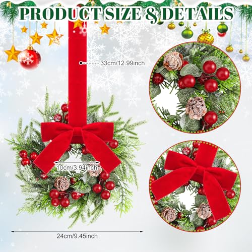 Dingion 4-Pack Mini Christmas Kitchen Cabinet Wreaths with Pine Berries Snowy Decor