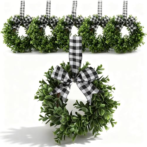 Green Mini Artificial Boxwood Wreaths Set of 6, 9-Inch Farmhouse Decor