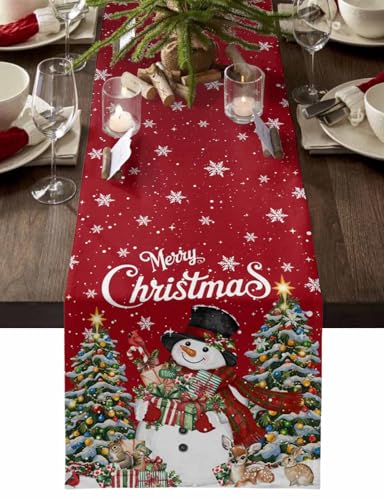 Ldtrchee Red Snowman Christmas Table Runner 13 x 120 In Cotton Linen, Winter Snowflake Decor