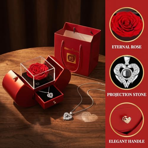 Preserved Real Rose Gift Box with 100 Languages Projection Necklace