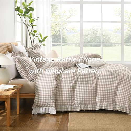 Tan Gingham Ruffle Duvet Cover Set - 3 Piece Soft Washed Farmhouse Bedding