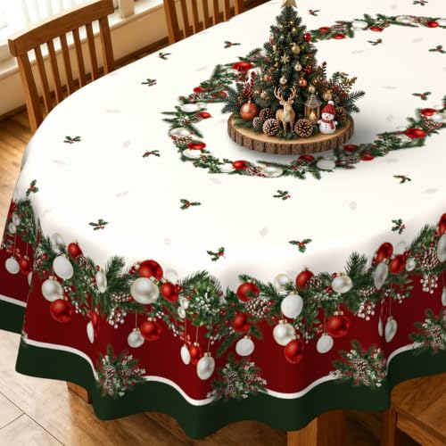 Christmas Tablecloth Oval 60x84 Inch - Xmas Ball Pattern Holiday Decor, Yrhsnclsdg