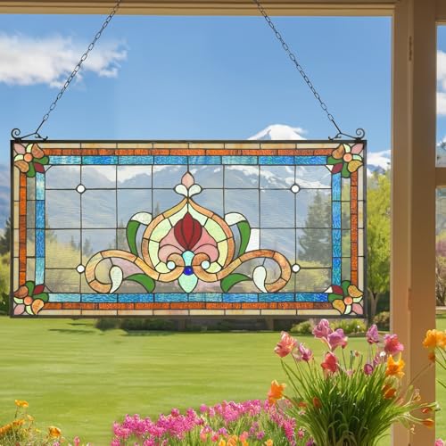 Handmade Tiffany Stained Glass Window Panel - 32x17 Inches