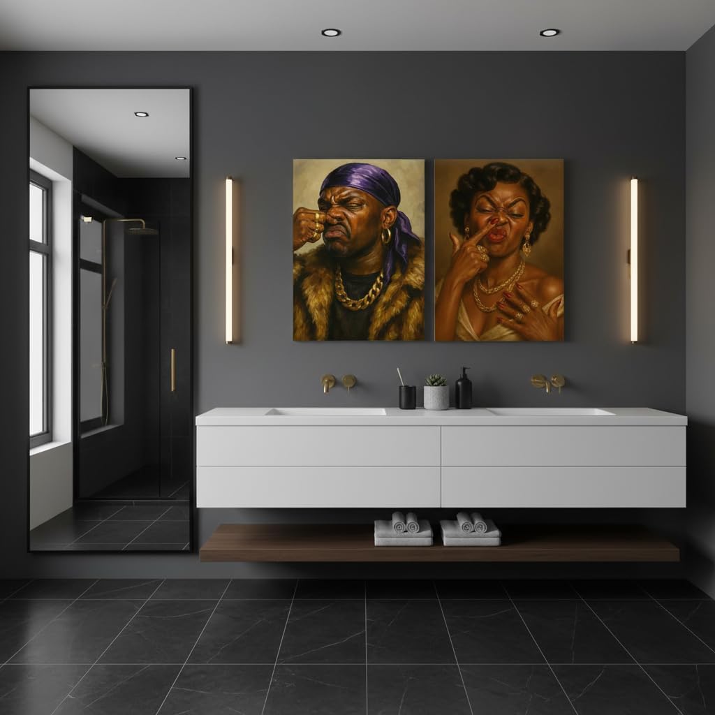 TEOVGKN Funny African American Bathroom Wall Art - Humorous Black Couple Canvas Prints | Framed 12x16 in