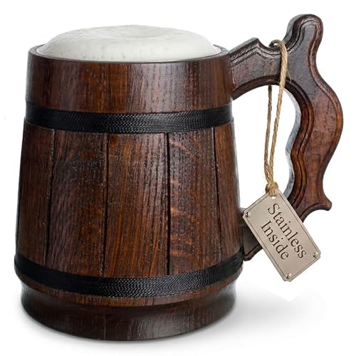 Retro Brown 20 OZ Wooden Beer Mug - Handmade Stainless Steel Tankard for Men, Gifts for Fathers Day, Christmas, Birthday