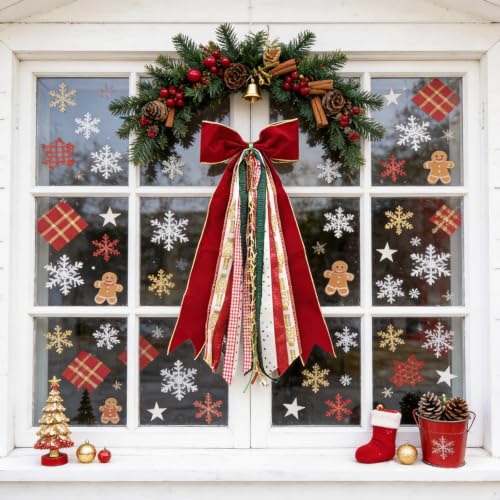 OXWIND Red Velvet Christmas Bow – 11in Wide, 28in Bow Head + 65cm Streamers, Wreath & Tree Decor Bundle (Christmas Ribbon with Bows)