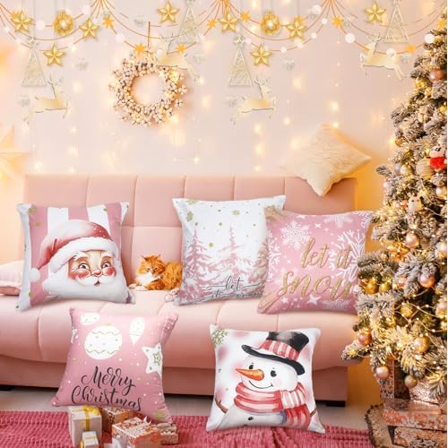 Pink Christmas Decorations Pillow Covers 18x18 Set of 6 Pink Santa Snowman Snowflake Merry Christmas Tree Let It Snow Reindeer Holiday Pillow Decorative Throw Cushion Case for Sofa