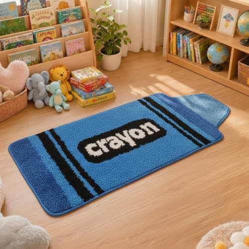 Blue Crayon Reading Corner Rug, Non-Slip Plush Floor Mat for Classrooms