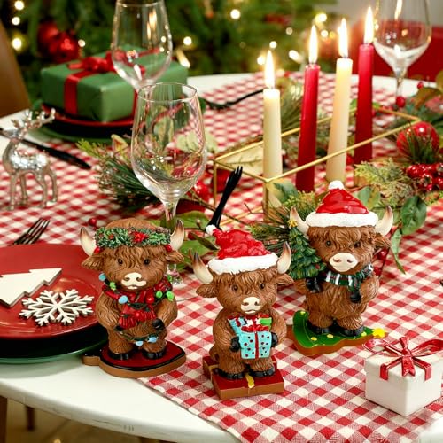 Foilswirl 3-Pcs Christmas Highland Cow Figurines – Highland Cow Desk Decor (Variation: Christmas)