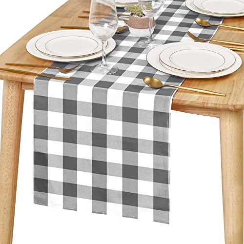 Hiasan 72x14 Inch Waterproof Buffalo Plaid Table Runner - Grey & White