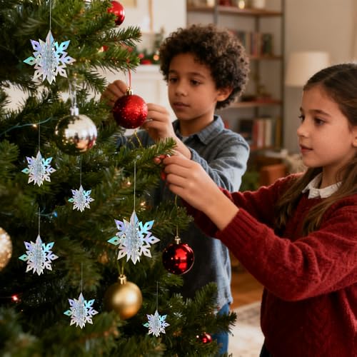VziareBe Iridescent 12-Pack 3D Snowflake Christmas Decorations - Large Hanging Ornaments for Winter Wonderland, Xmas Party