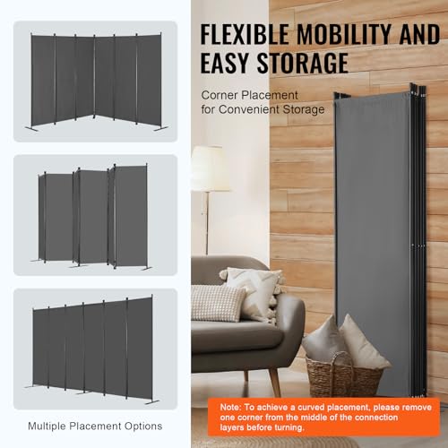 6-Panel Folding Room Divider, Portable Privacy Screen Partition, Grey
