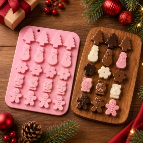 Orapink Christmas Silicone Mold 20-Cavity Pink, 5 Festive Designs – Trees, Snowmen, Candies, Gingerbread Men