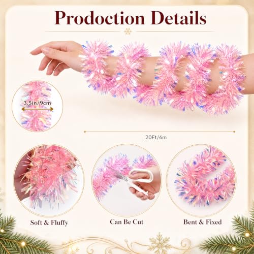 20ft Pink Metallic Tinsel Garland - Twisty Xmas Party Decor