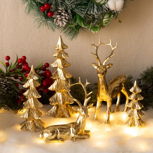 Gleemoria Gold Christmas Reindeer Statue Set with Christmas Trees - Holiday Decor