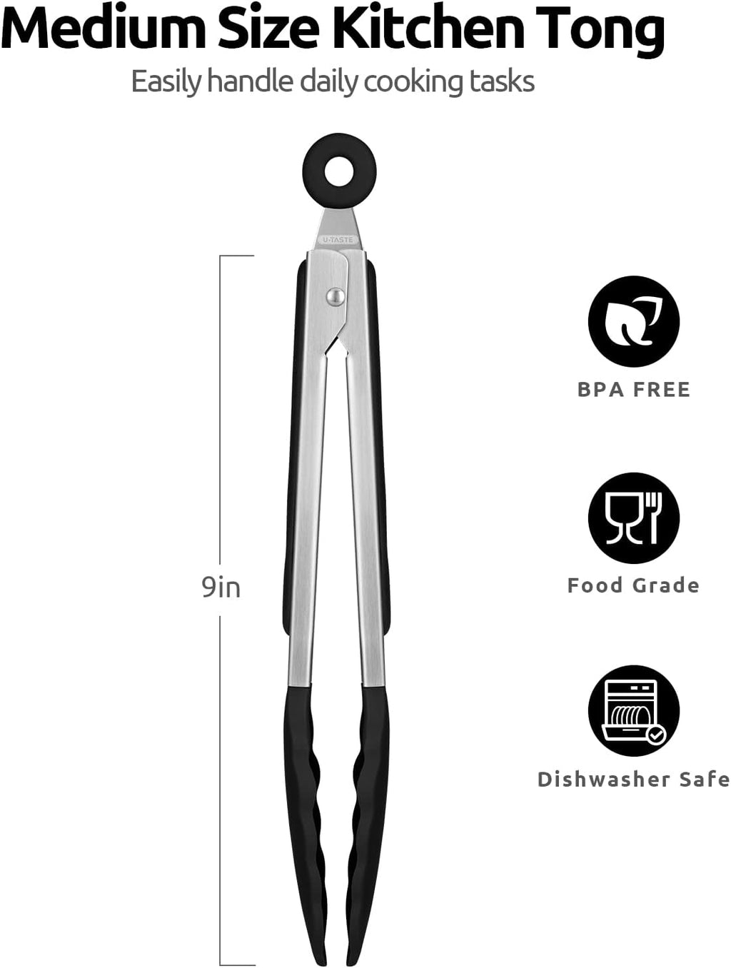 U-Taste Kitchen Tongs - 9 Inch Heat Resistant Silicone Cooking Tongs with Non-Stick Tips & Stainless Steel Handle | Black