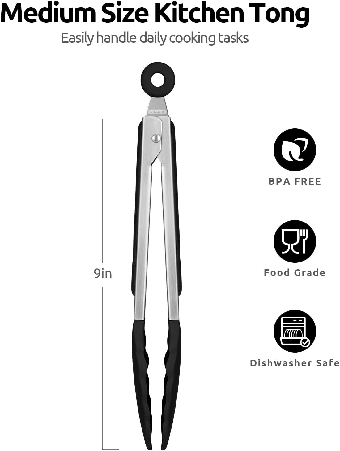 U-Taste Kitchen Tongs - 9 Inch Heat Resistant Silicone Cooking Tongs with Non-Stick Tips & Stainless Steel Handle | Black