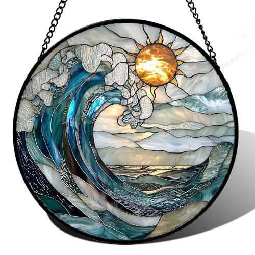 DASTOLL Blue and White Waves Stained Glass Window Suncatcher 14.9x14.9 Inch Gift