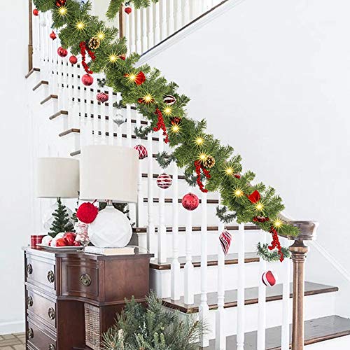 FUNPENY 9ft Pre-Lit Artificial Christmas Garland with 50 LEDs, Red, 8 Modes