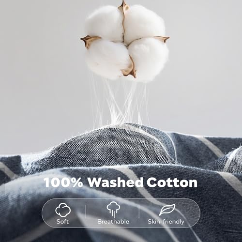 100% Washed Cotton Striped Twin Duvet Cover Set with Coconut Buttons