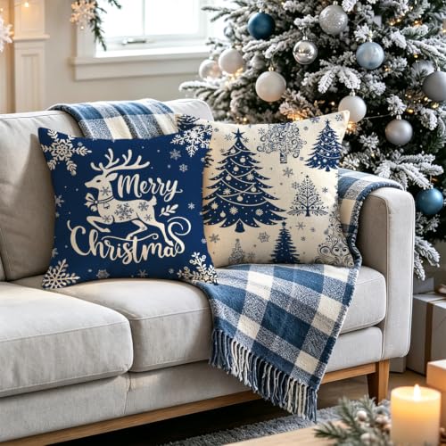 Blue Reindeer Christmas Pillow Covers 18x18in (Set of 4) - KISVODS