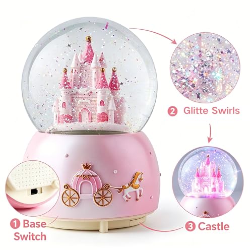 Rotating Castle Snow Globe Music Box with LED Lights and Melodies
