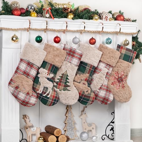 6 Pack 20-Inch Christmas Stockings, Rustic Farmhouse Plaid Holiday Decor