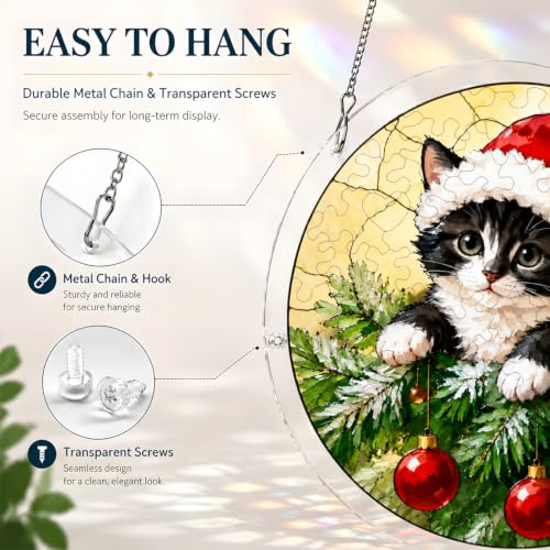 Santa Hat Cat Acrylic Christmas Puzzle Suncatcher Window Hanging Decor - HMGAWB
