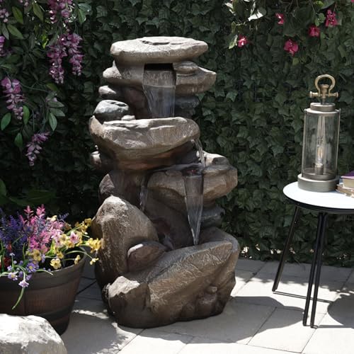 40-Inch Tiered Rock Floor Fountain with Color-Changing LED and Remote