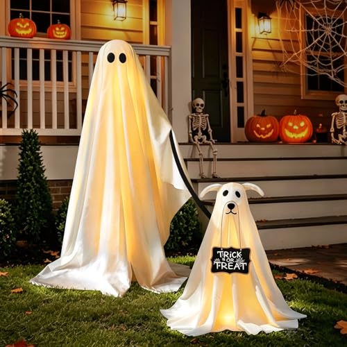 Lighted Ghost Walking Dog Halloween Yard Decor Set with Remote Control