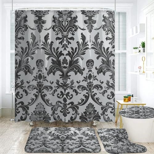 Gothic Black Damask 4-Piece Bathroom Set with Shower Curtain & Rugs